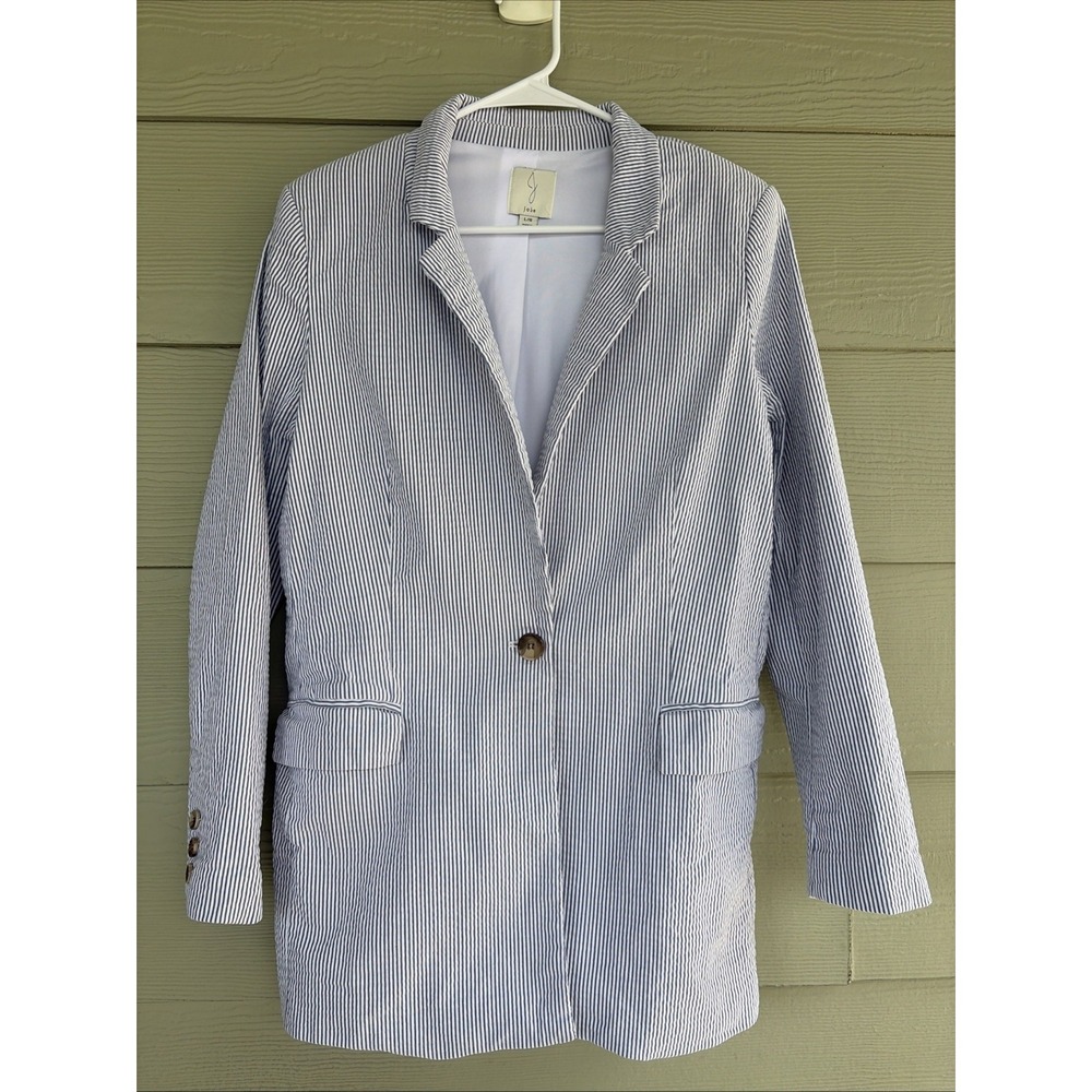 Joie Blue/White Preppy Striped Lined Seersucker Blazer Jacket Womens Large